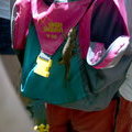 Бронзовый геккон на рюкзаке у туриста